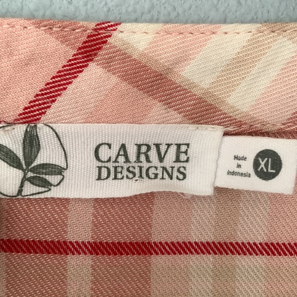 Carve Designs • Pink Red White Plaid Peplum Button Down Raw Edge Top Size XL - Picture 6 of 11